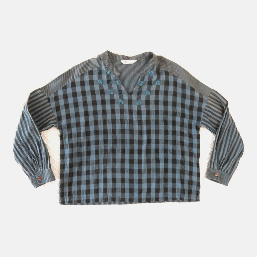 Marketplace Handwork of India Med Blue Plaid Boxy Crop Cotton Blouse Embroidered